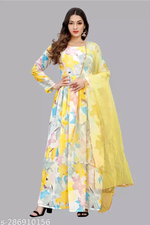 QVAZOR Stylish Fancy Trendy Printed Georgette Gown For Women For Party Wedding Festival Functions