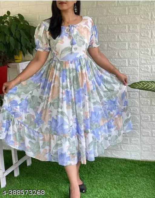 JKP COLLECTION Women & Girl Casual Floral Printed Georgrtte Fabric In Color Blue