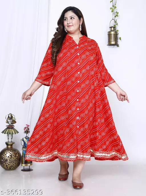 Swasti Plus Size Women Bandhani Print Cotton Blend Gown Ethnic Dress