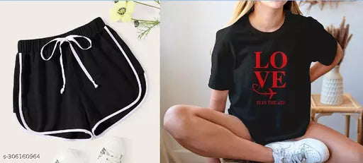 Vivient Women Black Shorts and Black Love Printed T-Shirt Combo