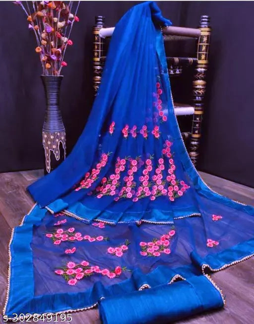 Net sarees with beautifull Embroidered work and unstiched Blouse pieces with all over border fancy moti work royal Blue Colours