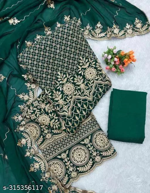 Women's Bollywood Style Green Fancy Unstiched Patiala Embroidered Work Plus Double Layer Multiwork Sequence Work Georgette Salwar Suit & Dress Materials