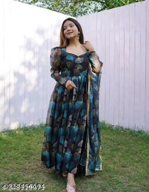 Printed Flower Women Georgette Anarkali Gown With Dupatta