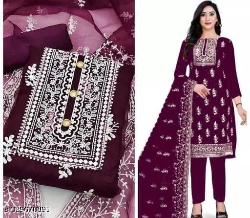 Women's Designer Chainstich Embroidered Multiwork Double Sequence Purple Floral Embroidered Organza Suits & Dress Materials