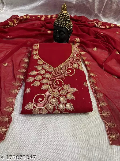 Women's Red Floral Embroidered Georgette Suits & Dress Materials