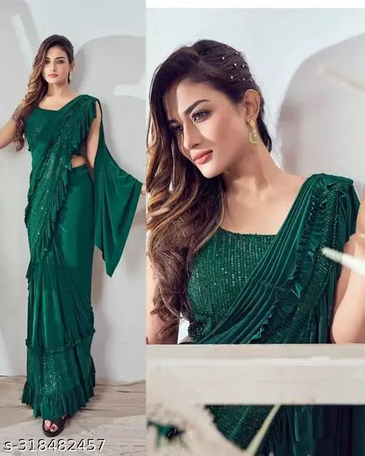 Ready To Wear Lycra Freel Style Fancy Party Wear Sarees Green Colour Sarees with sequance blouse BY Kraddle