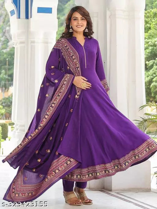 Anni Designer Women's Purple Solid Anarkali Kurta with Trouser & Dupatta