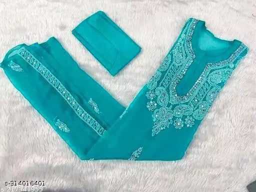Mirror work embroidered Chikankari chiffon kurti with cotton inner.