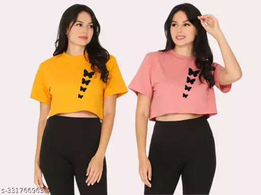 Trendy Feminine Printed Crop Tshirt Round Neck Top For Womens(Pack Of 2)