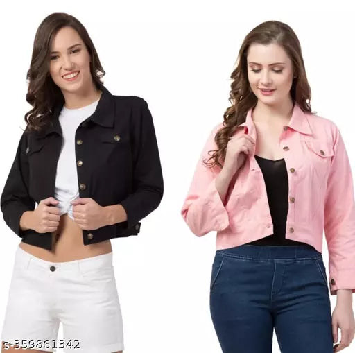 Jkp Collections Women's & Girl's Combo Denim Jacket Casual Solid Full Sleeve Jacket In Color Black::Pink