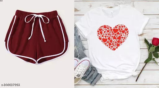 Vivient Women Maroon Shorts and Red Hearts Printed White T-Shirt Combo