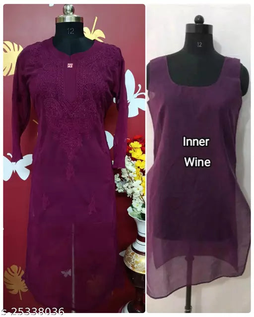 Handwork Embroidered Chikankari Chiffon Galabooti Long kurti with Camisole innr