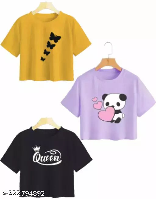 Trendy Feminine Printed Crop Tshirt Round Neck Top For Womens (Combo 3)