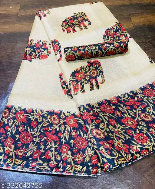 ELEPHANT PRINTED KHADI SILK BLENDED LIGHT WEIGHT COMFERTABLE WEAR SAREE WITH BLOUSE