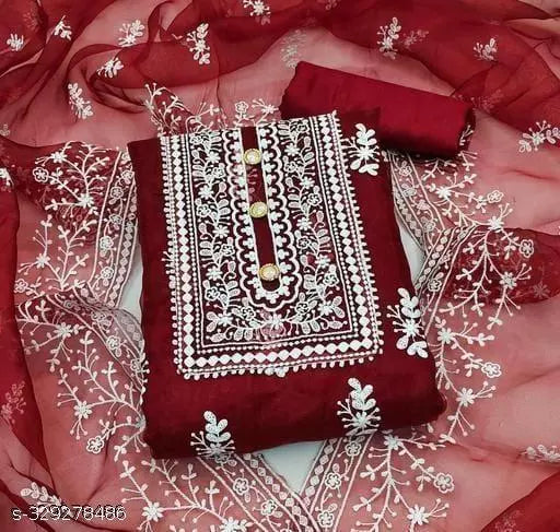 Women's Red Floral Embroidered Organza Suits & Dress Materials