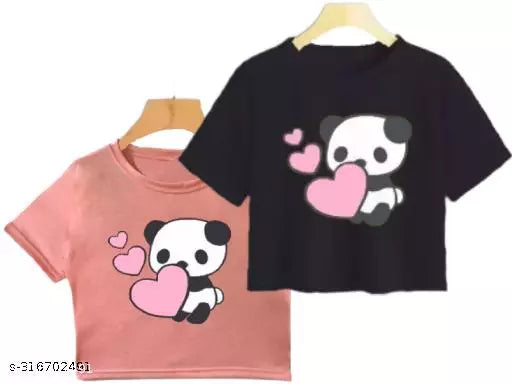 Trendy Feminine Printed Crop Tshirt Round Neck Top For Womens