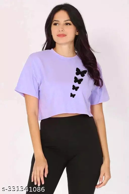 Trendy Feminine Printed Crop Tshirt Round Neck Top For Womens