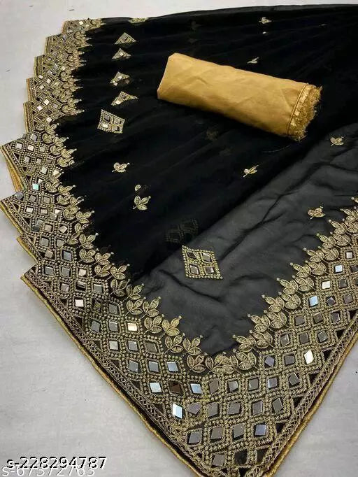 HEAVY KAJU DESIGN EMBROIDERY WORK WITH MIRROR SAREE BY KRADDLE