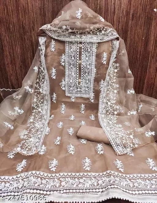 ORGANZA SILK BARFI WITH EMBROIDERED DOUBLE MULTI WORK DRESS MATERIAL SUIT FOR WOMEN