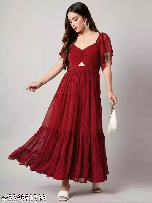 Maroon Dobby Georgette Sweetheart Neck Tiered Maxi Dress