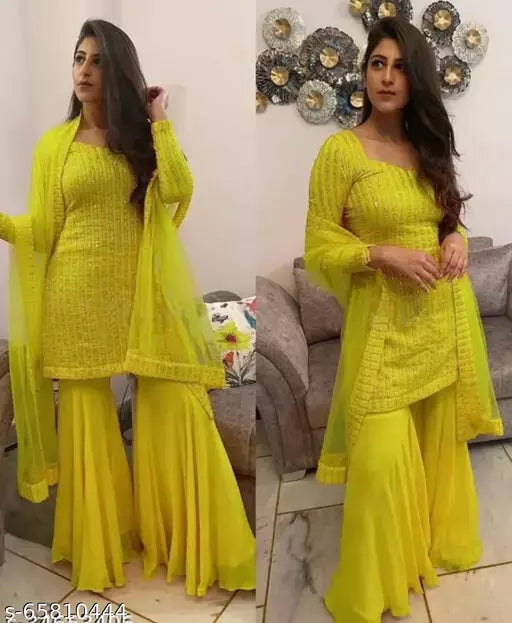Women's Yellow Ethnic Motif Embroidered Georgette Suits & Dress Materials