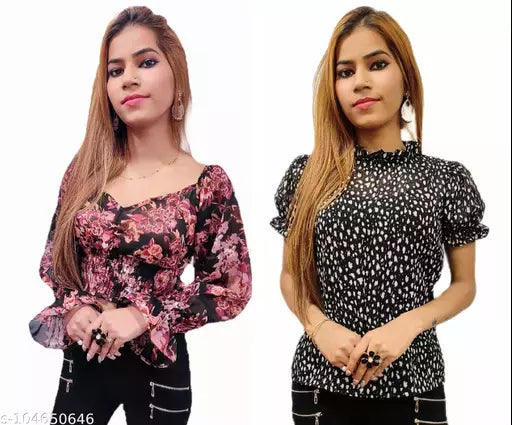 WOMEN CROP TOPS WITH FLORAL PRINTED AND STYLISH NECK