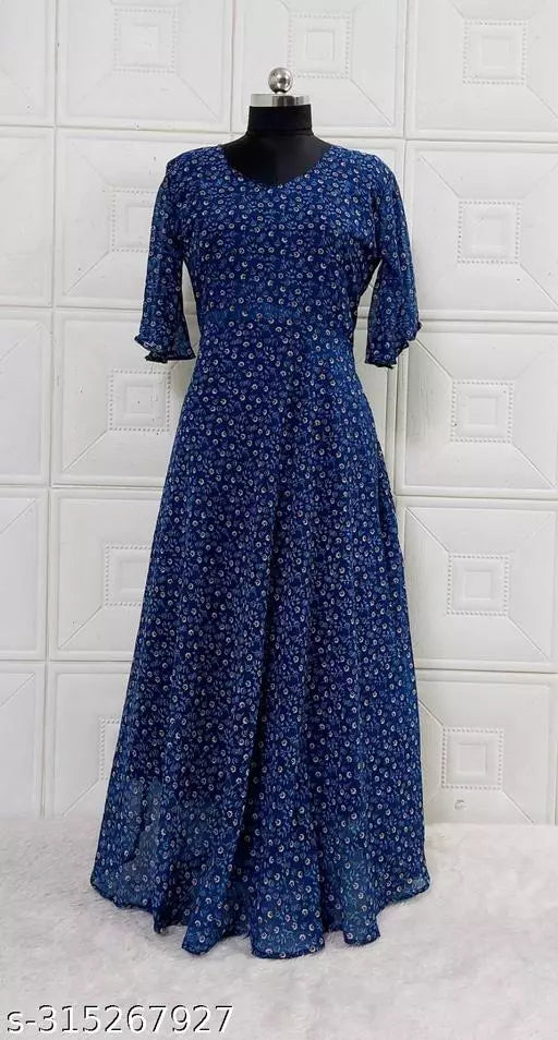 QVAZOR Stylish Fancy Trendy Printed Georgette Gown For Women For Party Wedding Festival Functions