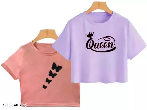 Trendy Feminine Printed Crop Tshirt Round Neck Top For Womens (Combo2)