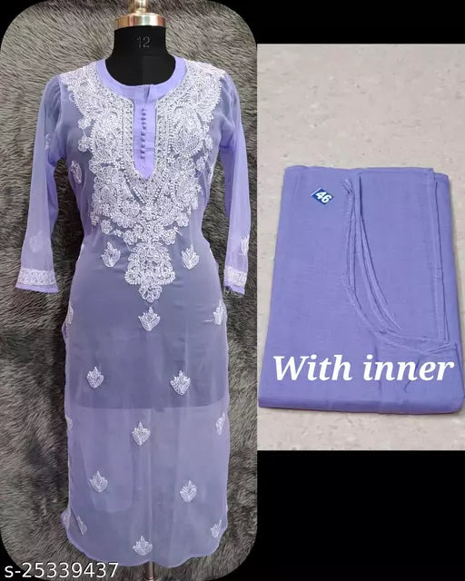 Handwork Embroidered Chikankari Chiffon Galabooti Long kurti with Camisole innr