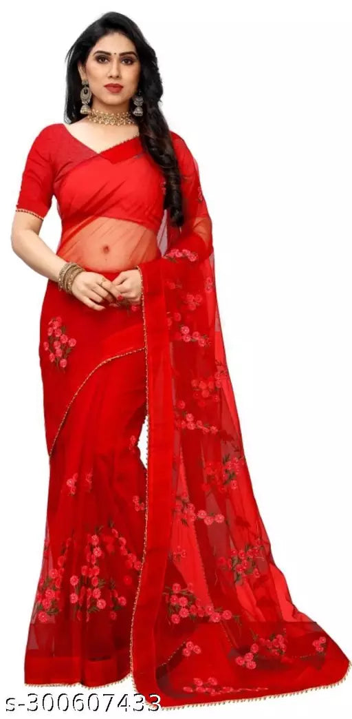 New Fancy Flower Net sarees with unstiched Blouse pieces With Moti work Red Colour