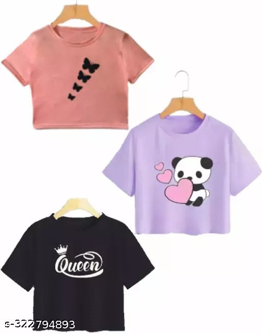Trendy Feminine Printed Crop Tshirt Round Neck Top For Womens (Combo 3)