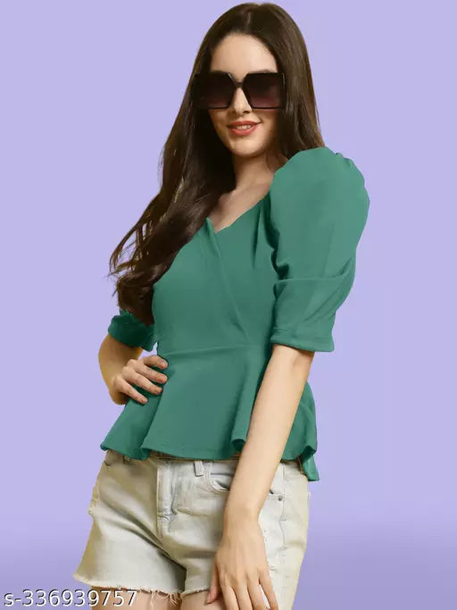 Sweetheart Neck Puff Sleeves Peplum Top (Women Top | Women Tops | Top)
