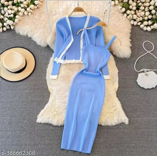 JKP COLLECTION Women & Girl Casual Strap Dress With Shrug Pattern Solid Shrug Lenth 21 Fabric Lycra In Color Sky