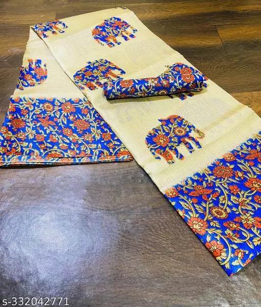 ELEPHANT PRINTED KHADI SILK BLENDED LIGHT WEIGHT COMFERTABLE WEAR SAREE WITH BLOUSE