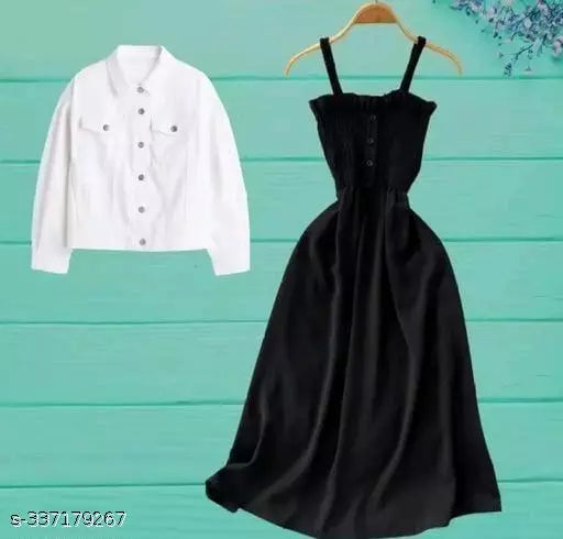 JKP COLLECTIONS Womens & Girls Long Dress With Denim Jacket Bottam Wear Combo Set Dress Fabric Crape Color Black&White