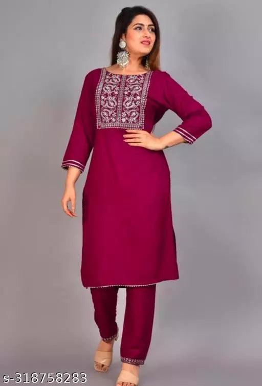 Women's Rayon Embroidered Staight Kurta and Pant Set For Woman & Girls