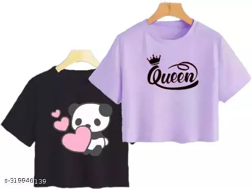 Trendy Feminine Printed Crop Tshirt Round Neck Top For Womens (Combo2)