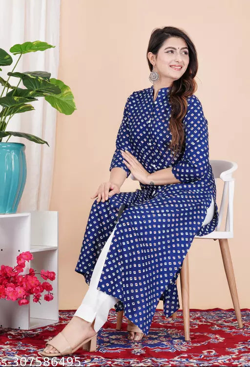 Stylish Womens kurtis Blue Color Ethnic Motif Printed Straight Kurti