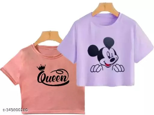 Trendy Feminine Printed Crop Tshirt Round Neck Top For Womens