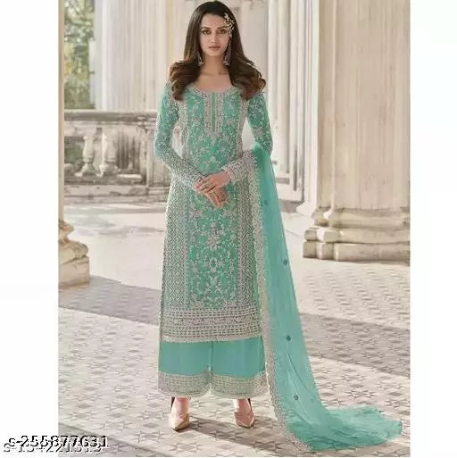 Women's Lightgreen Embroidered Net Semi Stitched Suits