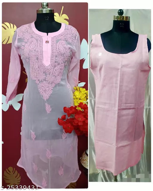 Handwork Embroidered Chikankari Chiffon Galabooti Long kurti with Camisole innr.
