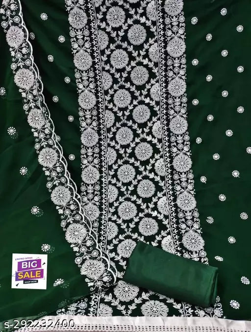 New Hit Fancy Embroidered Double Layer Thread work Unstiched Salwar Suits & dress Materials Green Colour