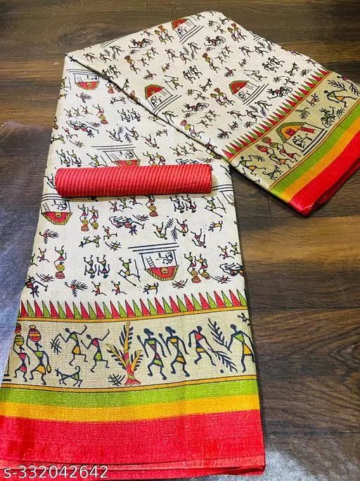 WARLI PRINTED KHADI SILK BLENDED LIGHT WEIGHT COMFERTABLE WEAR DESIGNER SAREE WITH BLOUSE