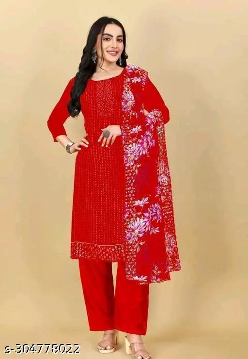 Women's Unstiched fancy Georgette Suits Sequence Embroidered Salwar Suits & dress Materials Red Colours