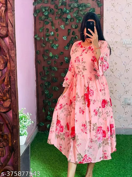 JKP COLLECTIONs Womens & Girls A-Line Dress Casual Wear Printed & Short Sleeve Dress Fabric Cotton In Color Pink