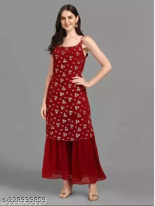 Women Faux Georgette With Foil Work Sleevless Kurta And Sharara