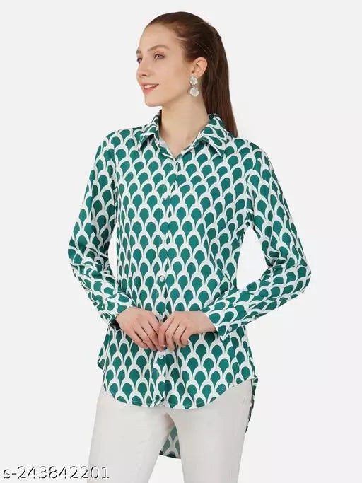 Full Sleeves Collared Front Open Multicolor High Low Long Shirt For Women