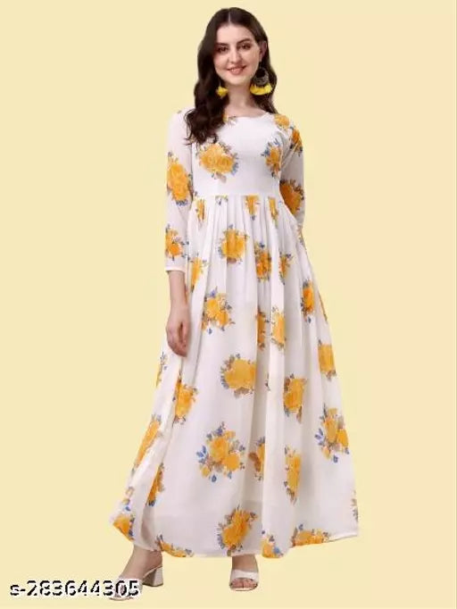 QVAZOR Stylish Fancy Trendy Printed Georgette Gown For Women For Party Wedding Festival Functions