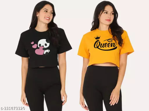 Trendy Feminine Printed Crop Tshirt Round Neck Top For Womens(Pack Of 2)