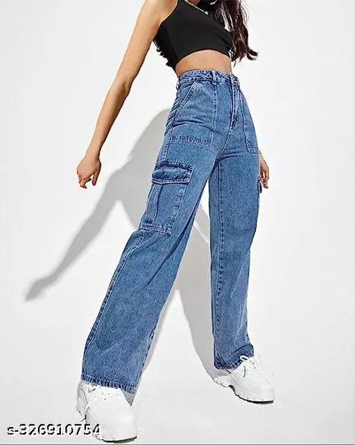 WOMEN LATEST CARGO TROUSERS | SOLID HIGH-RISE CARGO JEANS | 6 POCKET WIDE LEG DENIMS | 80'S ROCKER-CHIC INSPIRED CARGO PANTS | SIT ABOVE | NON-STRETCH FIT WITH A WIDE LEG | SPORTY LOOK LOOSE FIT DENIMS